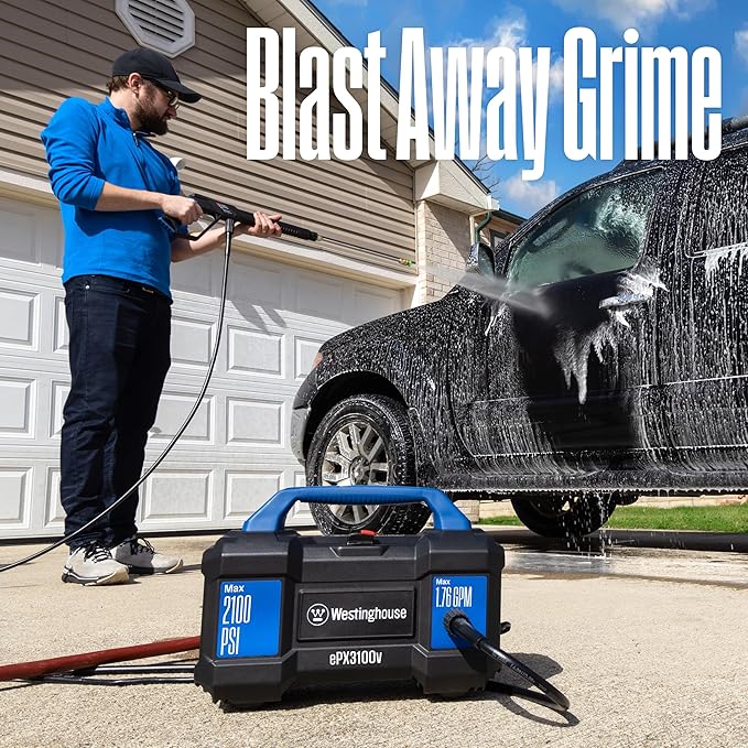 Westinghouse ePX3100v Electric Pressure Washer, 2100 Max PSI 1.76 Max GPM, Built-in Carry Handle, Detachable Foam Cannon, Pro-Style Steel Wand, 3-Nozzle Set, for Cars/Fences/Driveways/Home/Patios