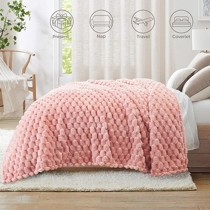 Whale Flotilla Soft Fleece Queen Size Bed Blanket Luxury 3D Jacquard, Pink | Lightweight Breathable Coverlet Bedspread for All Seasons, Super Cozy Plush Fluffy Fuzzy Decorative Blanket for Bed, 90"x90"