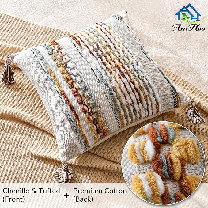 Set of 2 Chenille Striped Textured Boho Throw Pillow Covers Aesthetic with Tassels Woven Decorative Pillow Case for Couch Bed Sofa Bedroom Modern Funky 18 x 18-Inch Brown