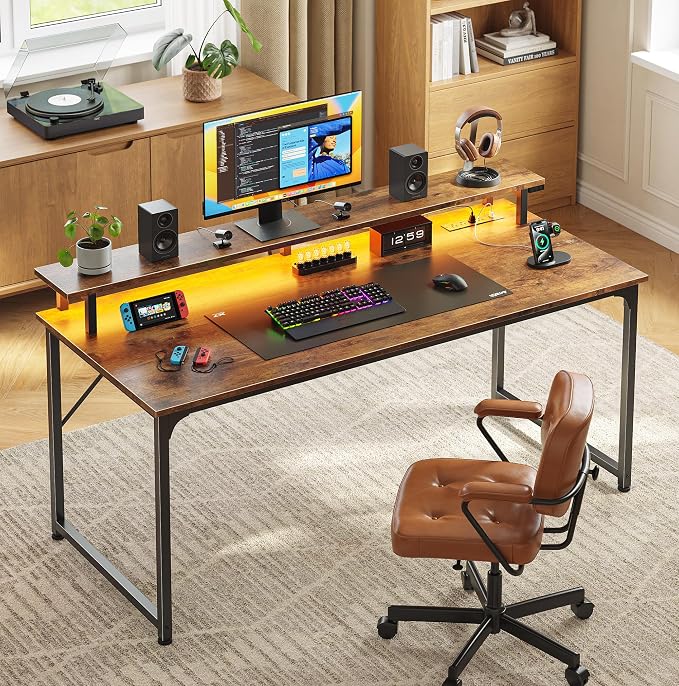 PRAISUN 48 inch Gaming Desk, LED & Outlets, Monitor Stand, Rustic Brown | Sturdy PC Desk for Home Office, Study & Work, LED Lights, 4 AC Outlets & USB-C Charging Station