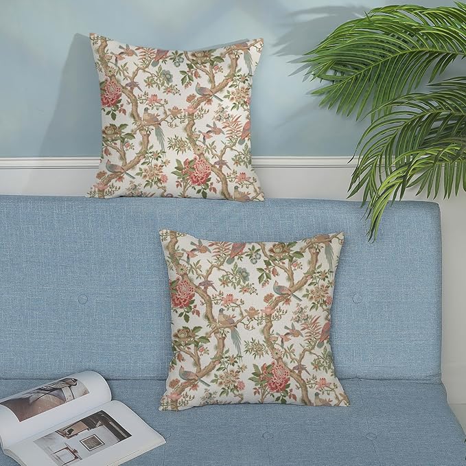 Chinoiserie Pillow Covers 22x22 Set of 2 Pink Green Bird Floral Throw Pillows Vintage Pink Flower Bird Decorative Pillow Cases Outdoor Chinoiserie Decor Farmhouse Cushion Case for Couch Sofa