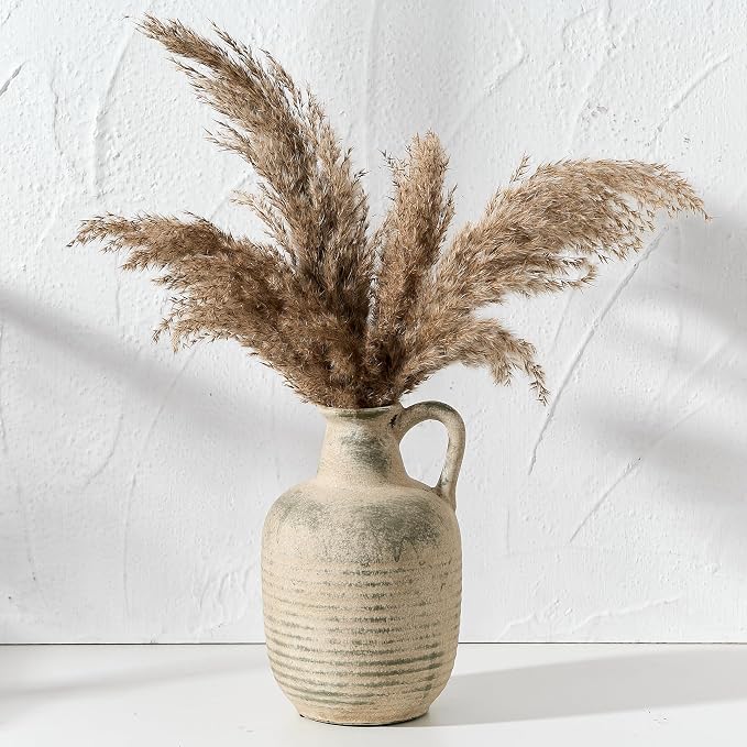 SIDUCAL Rustic Ceramic Farmhouse Flower Vase with 1 Handle-Height 8.43" Terracotta Vase, Unique Textured Pottery Flower Vases for Home Decor, Table, Wedding, Living Room, Shelf Decor, Terra