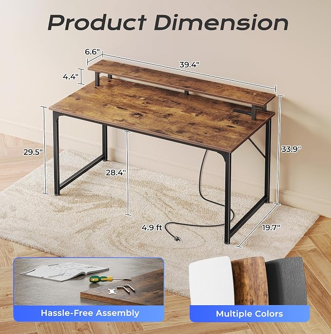 PRAISUN 40 inch Gaming Desk, LED & Outlets, Monitor Stand, Rustic Brown | Sturdy PC Desk for Home Office, Study & Work, LED Lights, 4 AC Outlets & USB-C Charging Station