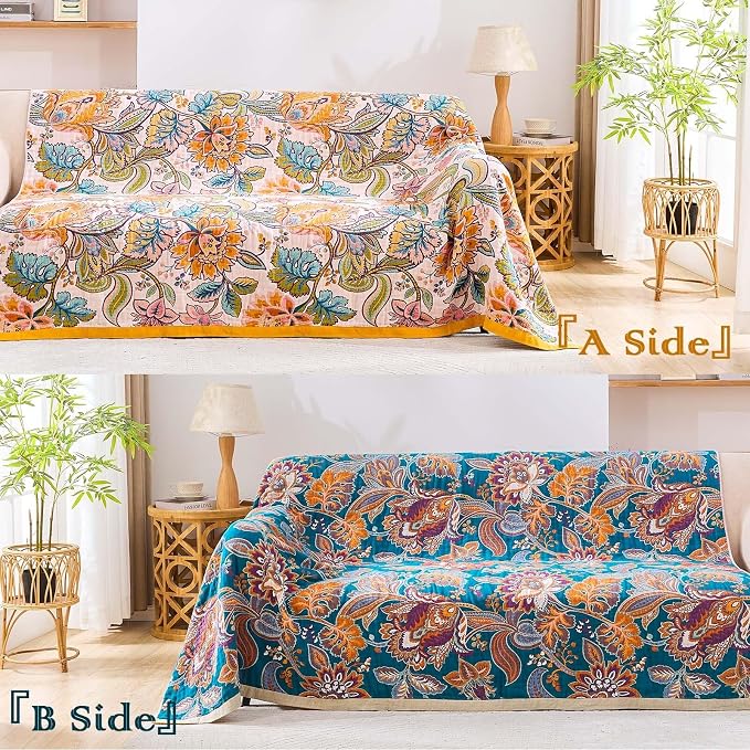XIBLC Boho Throw Blanket for Bed, 100% Cotton Soft Rustic Quilt Fall Blanket, 60"x80" Floral Printed Farmhouse Decor Bed Blankets, All Season Rustic Reversible Bohemian Throw Quilt