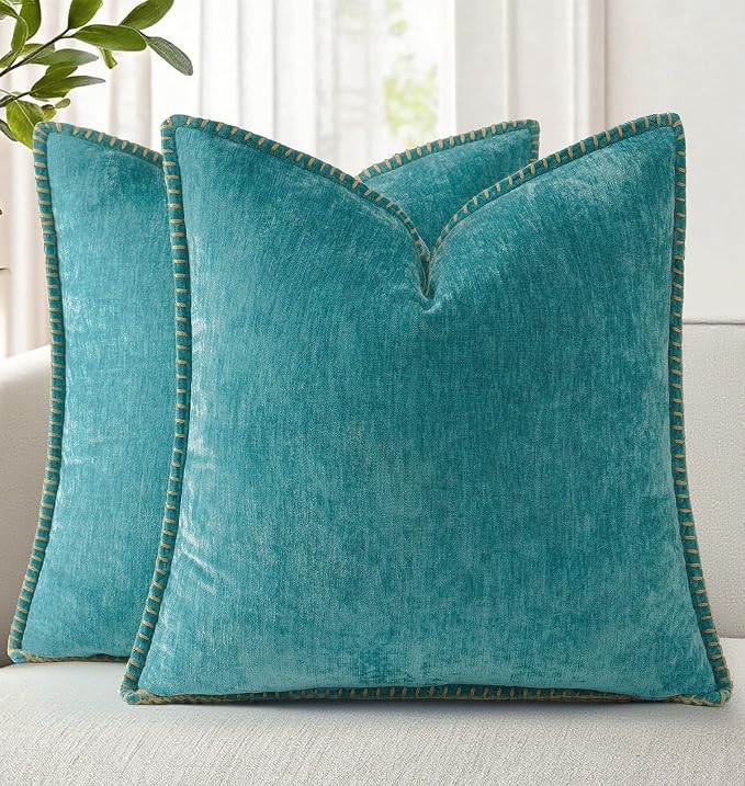 decorUhome Soft Chenille Throw Pillow Covers 22x22 Set of 2 Turquoise | Fall Textured Decorative Throw Pillow Cases Stitched Edge Modern Farmhouse Luxury Boho Velvet for Couch Sofa Bed Home Decor