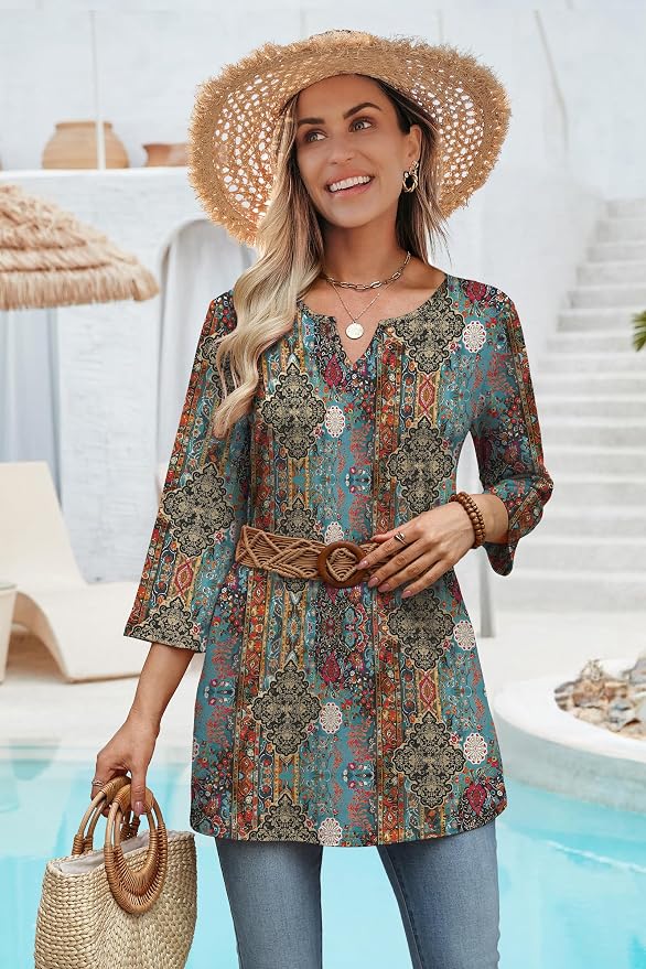 OFEEFAN Summer Boho Tops For Women 3/4 Length Sleeve Womens Tops Vacation Outfits