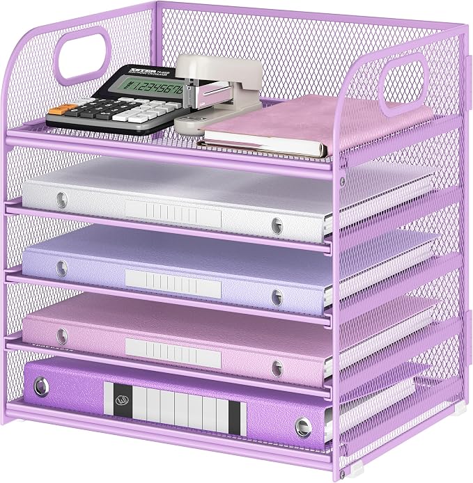 Lavatino Desk Letter Tray Paper Organizer, 5-Tier with Handle Metal Mesh Desktop File Organizer Paper Holder for Classroom Office Desk Accessories- Purple