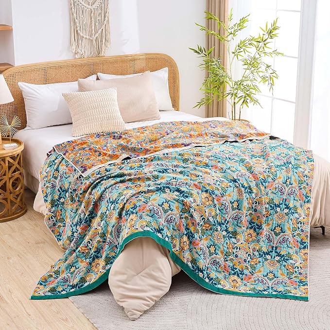XIBLC Boho Blanket Throw Quilt, 100% Cotton Soft Light Weight Throw Blankets for Summer, 80"x90" Farmhouse Flower Decorative Blankets, All Season Rustic Reversible Bohemian Throw Quilt