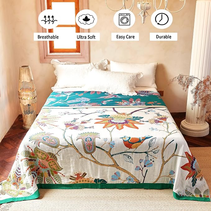 VANJOROY Boho Throw Blanket, 100% Organic Cotton Breathable Skin-Friendly Ultra Soft Bed Quilt Throw - All Season Floral Bird Farmhouse Décor Luxury Blanket for Sofa Couch Chair and Gift. 91" x 98"