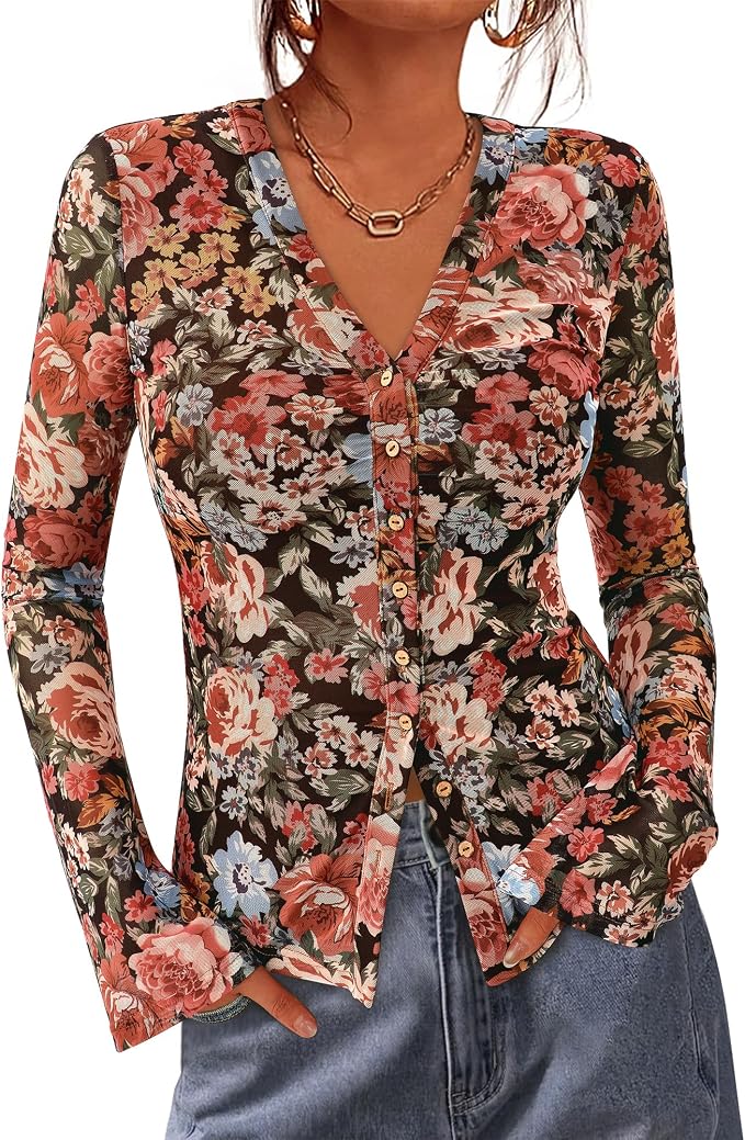 BTFBM Button Down Shirts for Women 2026 Fall Boho Tops V Neck Long Sleeve Blouses Ruched Mesh Fitted Fashion Clothing