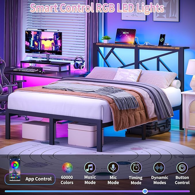 Full Size Black Metal Bed Frame with USB Charging Station, LED Ambient Lighting, and Wooden Storage Headboard - Includes Under-Bed Storage, No Box Spring Needed, Noise Free, Easy Assembly