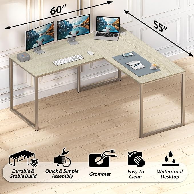 SHW Mission 55 x 60 L-Shape Home Office Computer Desk, Maple | Reversible Desktop Design