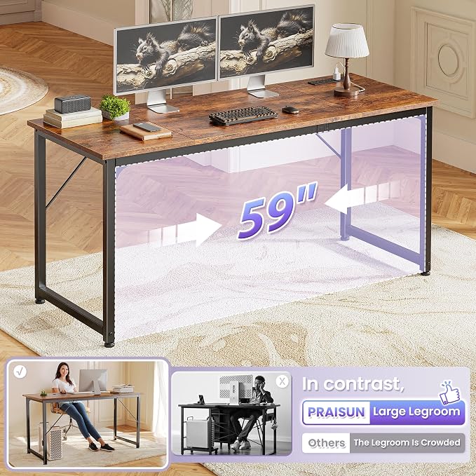 PRAISUN 63 X 24 Inch Computer Desk, Power Outlets, USB-C, Rustic Brown | Office Desk with 4 AC Outlets, USB & USB-C, Sturdy Metal Frame, Spacious Desktop for Work, Writing, Study & Gaming