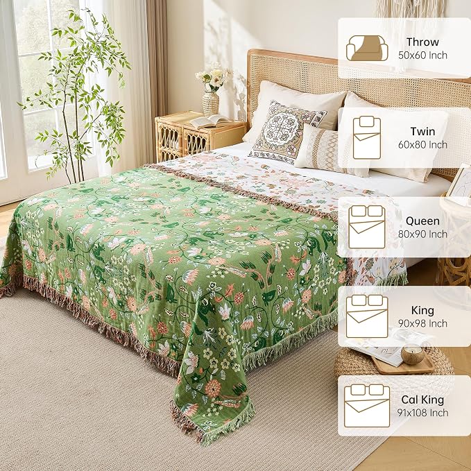 VANJOROY Boho Throw Blanket, 100% Organic Cotton Breathable Skin-Friendly Ultra Soft 60" x 80" Bed Quilt Green Throw - Floral Rustic Decor Luxury Reversible Blanket for Sofa Couch Chair and Gift,
