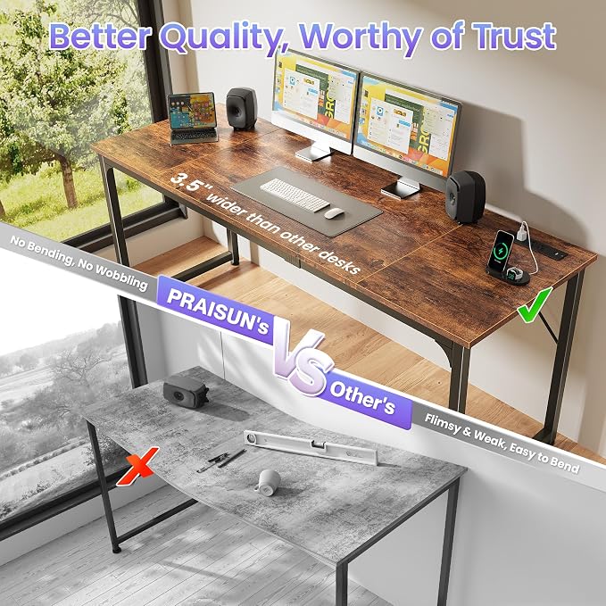 PRAISUN 70 X 24 Inch Computer Desk, Power Outlets, USB-C, Rustic Brown | Office Desk with 4 AC Outlets, USB & USB-C, Sturdy Metal Frame, Spacious Desktop for Work, Writing, Study & Gaming