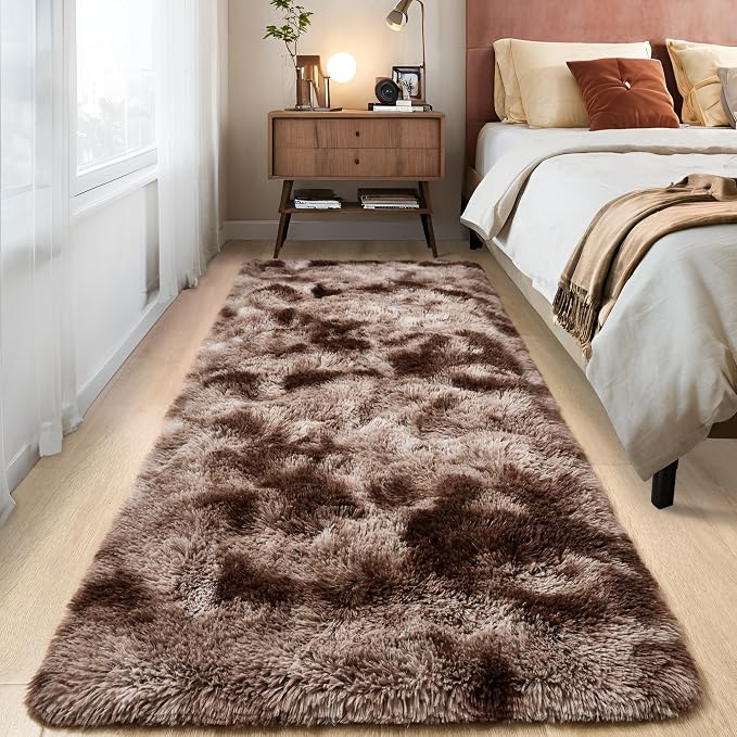 Tepook Fluffy Runner Rugs for Bedroom Aesthetic 2x6 Feet, Shag Soft Bedside Rug with Non-Slip Bottom, Fuzzy Plush Carpet for Room, Hallway Rug for Nursery Dorm Indoor Home Decor, Tie-Dyed Coffee