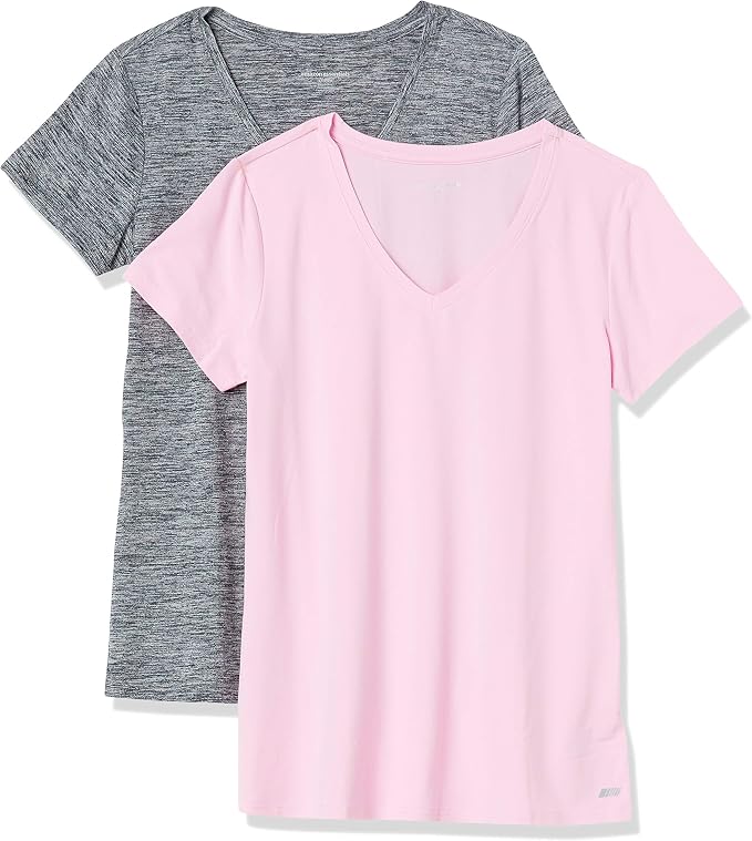 Amazon Essentials Women's Active Quick Dry Tech Stretch Short-Sleeve V-Neck T-Shirt (Available in Plus Size), Pack of 2