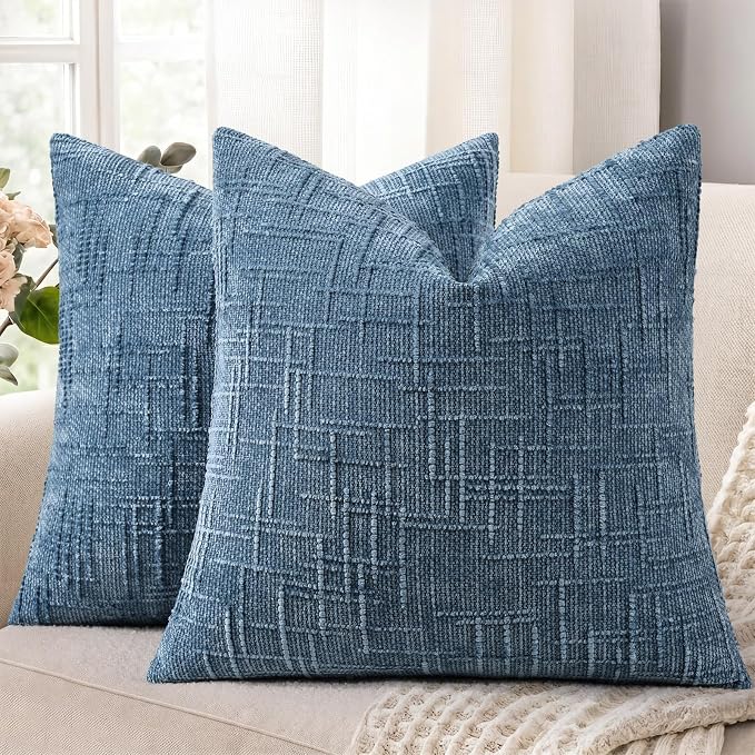 decorUhome Textured Chenille Throw Pillow Covers 20x20 Set of 2 Blue | Fall Modern Farmhouse Soft Cozy Slubby Couch Pillow Cases Boho Decorative Pillow Cases for Bed Sofa Living Room Home Decor