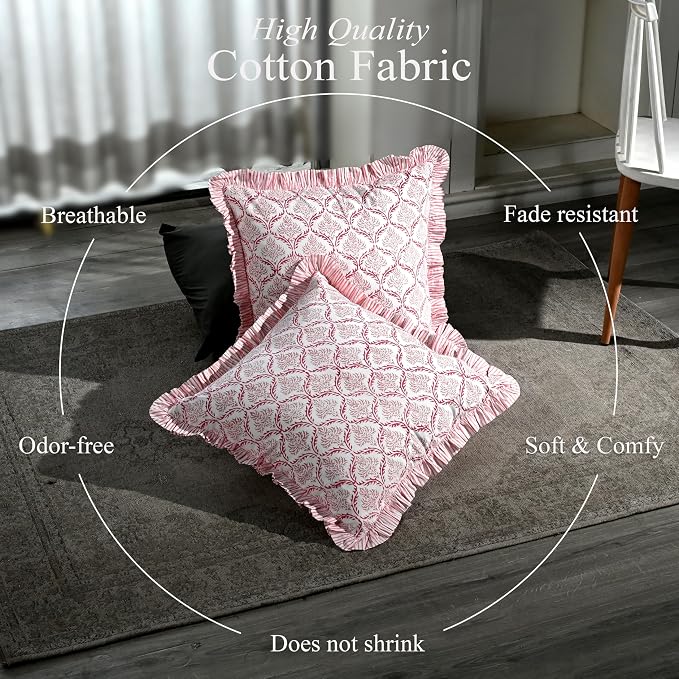 CPC Blush Rose Hand Block Print 100% Cotton Ruffle Throw Pillow Cover 24x24 inch with Hidden Zipper Decorative for Couch, Bed, Sofa, Farmhouse, Cottagecore Decor Gift Christmas Fall Thanksgiving
