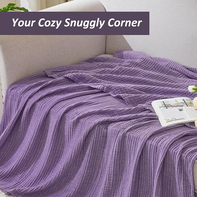 EMME Cotton Muslin Large Throw Blanket Couch Breathable Gauze Soft Lightweight Bed Blankets Adults (Heather Purple, 50"x70") | 4-Ply Two-Tone Yarn - Soft Throw Blanket for Adults, Breathable and Prewashed, for Sofa and Bed All Year Round