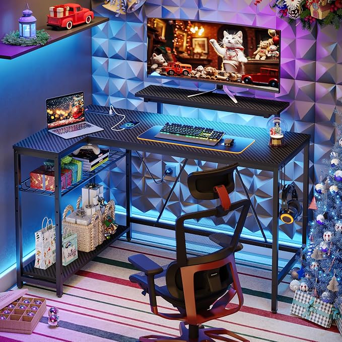 Bestier 52-Inch L-Shaped Gaming Desk with Charging & LED, Black | Charging 3AC+2USB, RGB LED 20 Colors/22 Modes, Reversible Shelves, Carbon Fiber Texture, Headphone Hook, 52 in