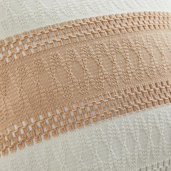 2pk Boho Pillow Covers 22x22, Natural White/Contrast/Beige | 100% Organic Cotton Body, Stripe Embroidery, Farmhouse Decorative Cushion Covers for Sofa Bed Living Room Home Decor