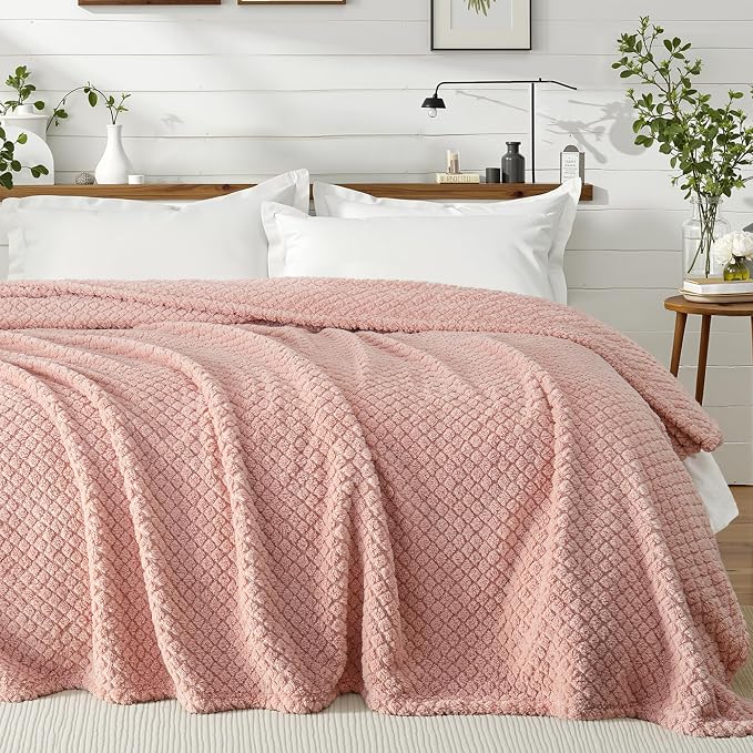 Exclusivo Mezcla Soft Fleece Twin Size Blanket for Bed, Pink | Jacquard Lightweight Cozy Bed Blanket, Breathable Decorative Fuzzy Textured All Season Use, 60x80 Inches