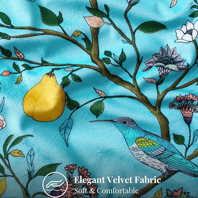 MUSSEL Sky Blue Velvet Floral Decorative 16x16 Pillow Covers Set of 2 | Soft Durable and Sturdy,Bird Plant,Throw Pillows Case,Square,Colorful Modern Cushion Covers,Home Sofa Bed Couch Decor