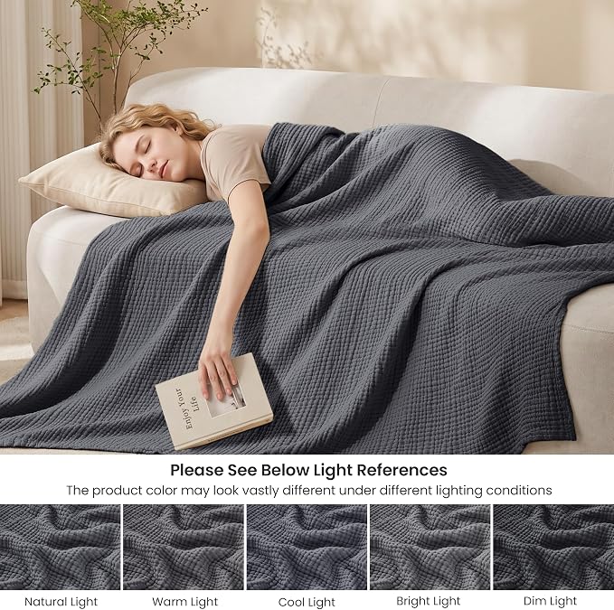 Love's cabin 100% Cotton Muslin Blanket, 6 Layer Lightweight Breathable Gauze King Size Blanket 108 x 90 Inches, Soft Summer Blanket for Bed, Dark Grey