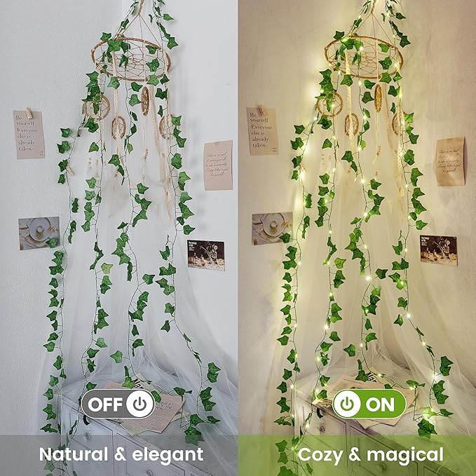 Ivy Vine Garland with 40 LED Fairy Lights – Vintage Greenery Decor with Remote & Timer, Battery or USB Powered for Dorm Room, Bedroom & Creative Wall Decor