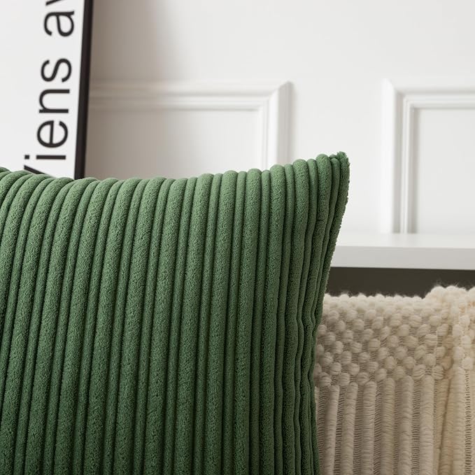UGASA Velvet 20x20 Inch Soft Throw Pillow Covers Decorative Corduroy Striped Both Sides Solid Square Cushion Cases Boho Farmhouse for Couch Bedroom Sofa Home, Pack of 2, Moss Green