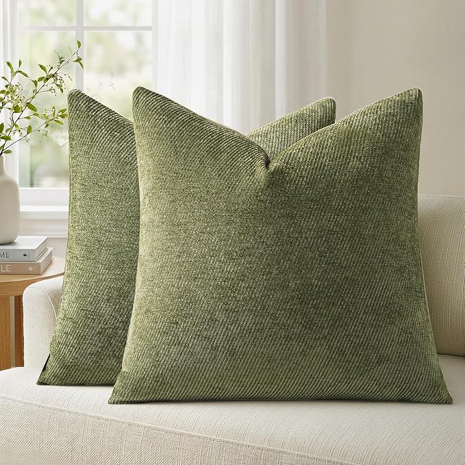 a moment Pack of 2 Decorative Chenille Throw Pillow Covers with Twill Cushion Covers for Sofa Living Room Couch Bed 20x20 Inch Moss Green