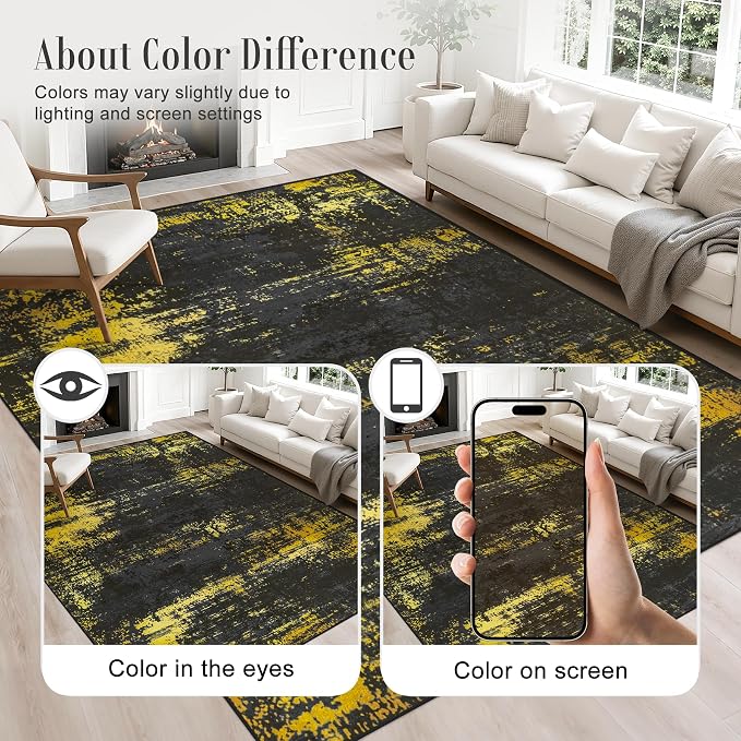 6x9 Area Rug Living Room Rug: Washable Modern Abstract Soft Thin Rug Indoor Floor No Slip Carpet for Bedroom Dining Room Farmhouse Nursery Home Office - Dark Black Gold