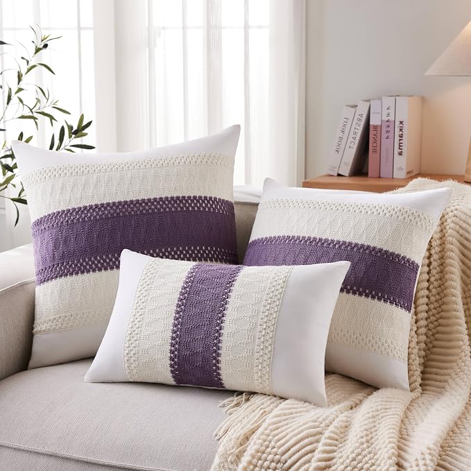 2pk Boho Pillow Covers 22x22, Natural White/Contrast/Purple | 100% Organic Cotton Body, Stripe Embroidery, Farmhouse Decorative Cushion Covers for Sofa Bed Living Room Home Decor
