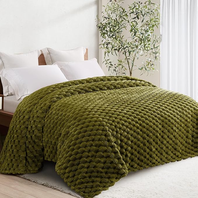 Whale Flotilla Soft Fleece Twin Size Bed Blanket 3D Jacquard, Olive Green | Lightweight Coverlet Bedspread, Super Cozy Plush Fluffy Fuzzy All‑Season Decorative Blanket for Bed, Dorm Essentials, 60"x80"