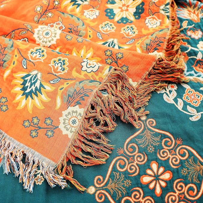 VANJOROY Boho Large Throw Blanket, 100% Organic Cotton Breathable Soft Bed Throw - Floral Farmhouse Decor Blanket for Sofa Couch Chair and Gift. 91" x 98"- Orange