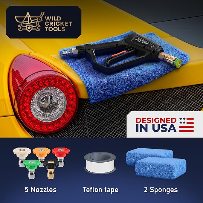 Water Pressure Gun | High-Performance, Up to 5,000 PSI Car Wash Gun w/ 5 Nozzles for Stone, Brick, Metal, Wood, Glass | Pressure Washer Handle w/ 2 Adapters, 2 Sponges, Teflon Tape