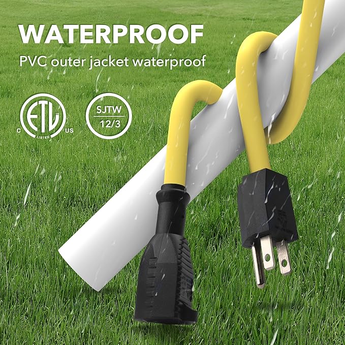 BN-LINK 6ft Outdoor Extension Cord, 12/3 SJTW Heavy Duty Power Cord, 3-Prong Grounded Plug, Weather Resistant, 15A, 1875W, Yellow, for Lawn, Garden, Appliances, ETL Listed
