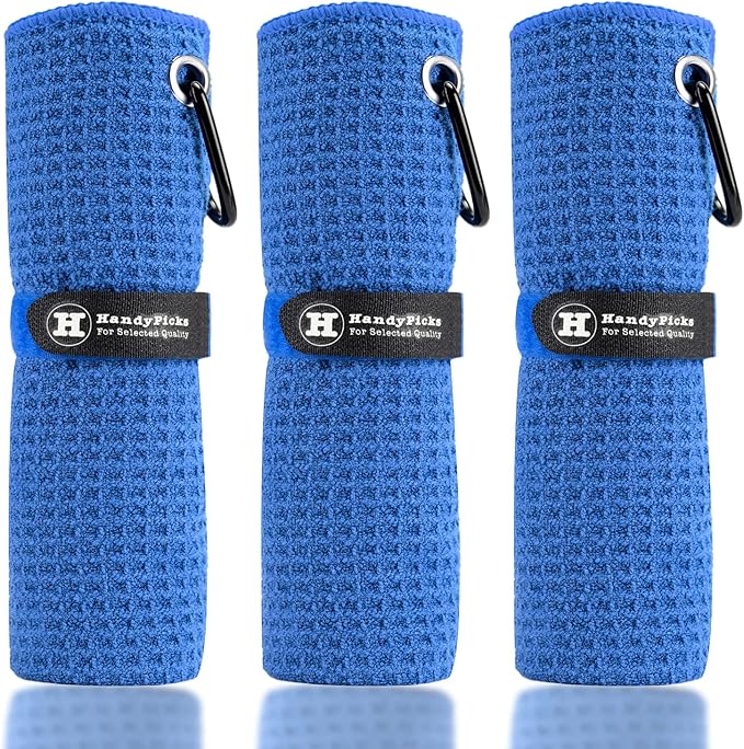 Handy Picks Microfiber Golf Towel (16" X 16") with Carabiner Clip, Waffle Pattern Golf Towel Hook and Loop Fastener - The Convenient Golf Cleaning Towel