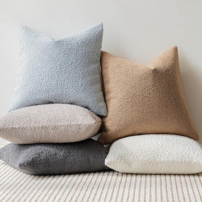 Foindtower Pack of 2, Decorative Textured Boucle Throw Pillow Covers Accent Solid Pillow Cases Cozy Soft Couch Cushion Case for Chair Sofa Bedroom Living Room Home Decor 22 x 22 Inch Taupe Khaki Camel