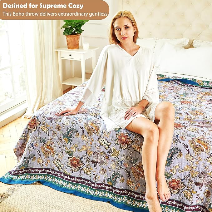 VANJOROY Boho Throw Blanket 80" x 90", 100% Organic Cotton Breathable Ultra Soft Bed Purple Quilt Throw - All Season Luxury Floral Farmhouse Decor Blanket for Sofa Couch Chair and Gift.