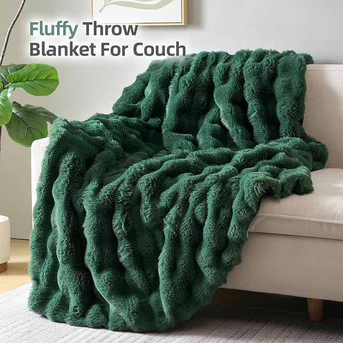 Faux Rabbit Fur Throw for Couch - Dark Green Bubble Blanket 60"x80" | Fluffy Plush Fuzzy Throw for Sofa & Bed, Super Soft Cozy Comfrt Blanket, Luxury Aesthetic Dark Green Decor Gift for Women