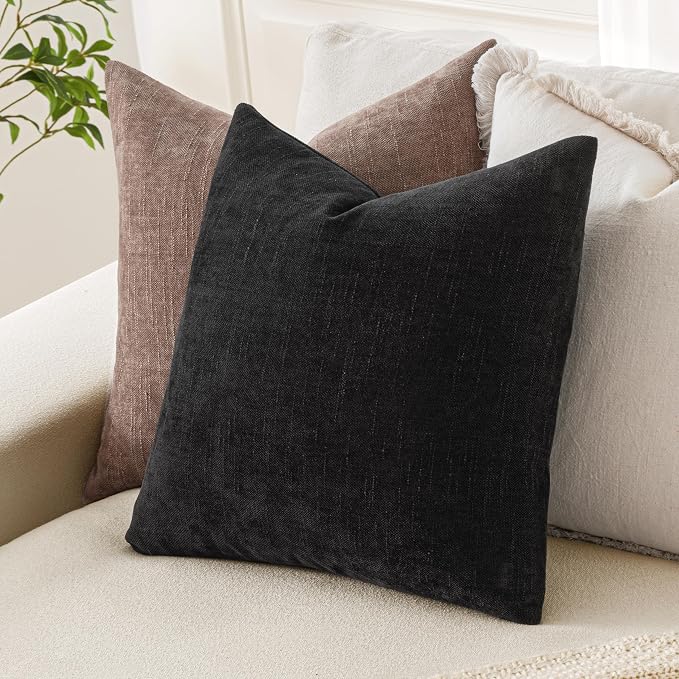 MIULEE 26x26 Inch Euro Textured Chenille Throw Pillow Covers Black | Pack of 2 Decorative Soft Throw Pillows,Solid Textured Cushion Covers,Modern Home Decor for Bed Couch Sofa Bedroom Livingroom