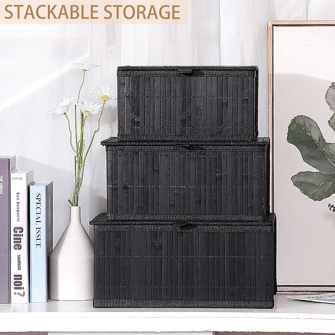 Honygebia Bamboo Decorative Storage Boxes - Set of 3 Woven Lined Storage Basket with Lids, Black Wicker Lidded Baskets for Home Kitchen Shelf Organizer Decor