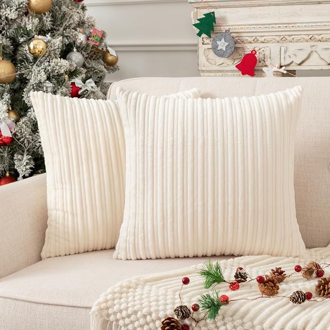 UGASA 18x18Inch Stripe Decorative Throw Pillow Covers Pack of 2 Soft Velvet Solid Square Cushion Case for Sofa Bedroom Couch, Cream