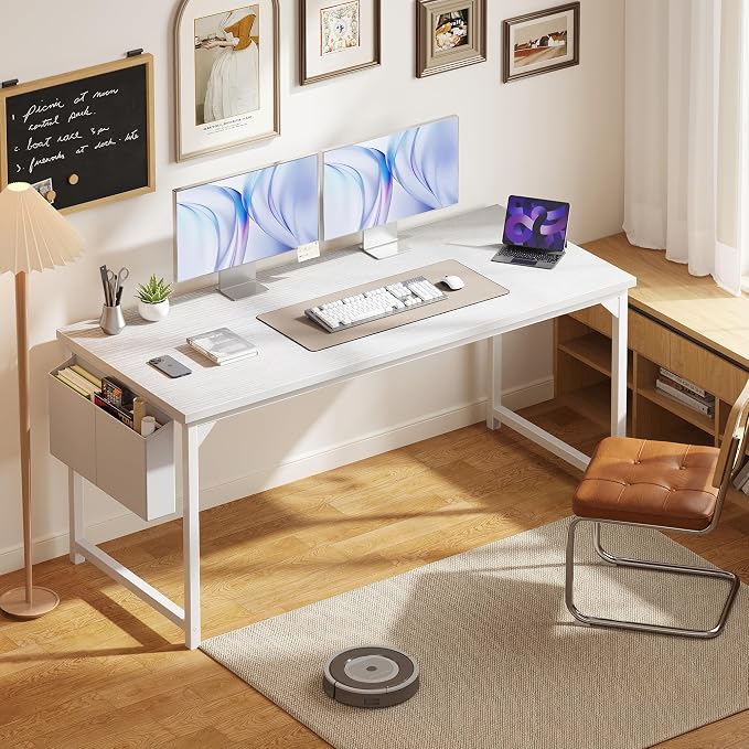 OLIXIS Computer Desk, 63 Inch Gaming Desks for Home Office Small Spaces | Writing Study Craft Work Table, Computer Workstation for Bedroom with Storage Bag, All White