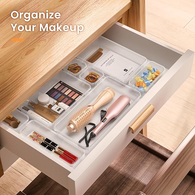 A-LuGei 【Military Grade】 Drawer Organizer,【】 Makeup organizer,【Holds 177 Items】 Bathroom Organizers and Storage,Organization and Storage,Desk Drawer Organizer for Vanity【Clear】