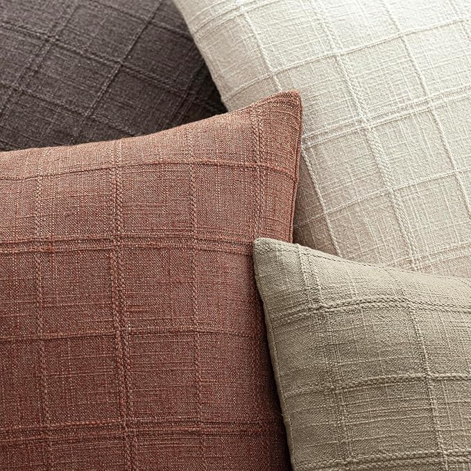 Foindtower Set of 2 Decorative Linen Check Throw Pillow Covers Neutral Farmhouse Vintage Cushion Covers Modern Boho Home Decor for Sofa Chair Couch Bedroom Living Room,20×20 Inch,Autumnal Red