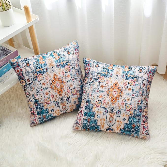 Boho Throw Pillow Covers 16x16 inch Set of 2,Boho Vintage Carpet Pattern Antique Ethnic Decor Double Sided Pattern Cushion Cover Soft Pillow Case Living Sofa Room Bed Square Pillow Cover