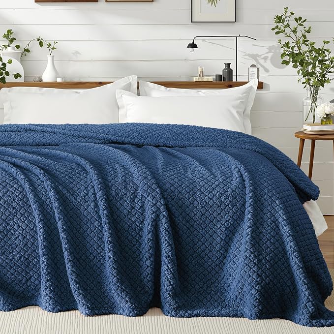 Exclusivo Mezcla Soft Fleece Queen Size Blanket for Bed, Navy Blue | Jacquard Lightweight Cozy Bed Blanket, Breathable Decorative Fuzzy Textured All Season Use, 90x90 Inches